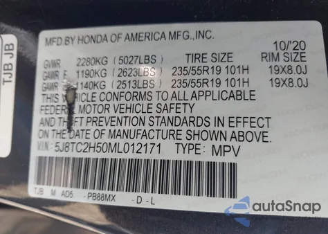 2021 Acura Rdx Technology Package from USA, damaged, VIN 5J8TC2H50ML012171